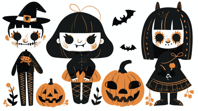 Scary and Cute Halloween Dolls flat vector
