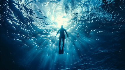 underwater shot of freediver ascending from the deep