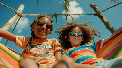 two multiethnic 7 year old kids on hammocks smiling in sunny day