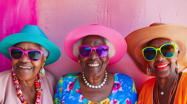 three happy Cuban old women wearing colorful sunglasses and hats
