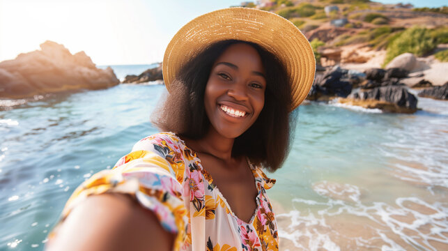 Young happy African American beautiful girl making selfie in coa