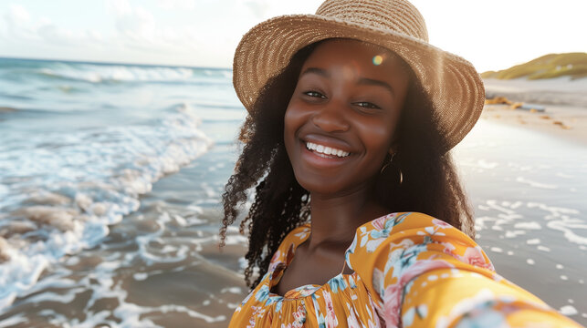 Young happy African American beautiful girl making selfie in coa