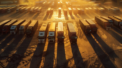 A fleet of trucks parked in a vast dusty yard of a delivery company, illuminated by the setting sun casting long shadows, with each truck  and tear of countless journeys. - obrazy, fototapety, plakaty