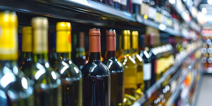 Assortment of alcoholic beverages in a popular wine shop , A row of wine bottles on a shelf in supermarket blurred background.  Different bottles of beer on supermarket stand shelves. 