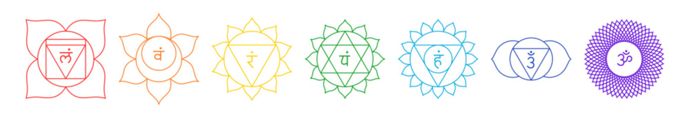 Chakra set, line art symbols. Meditation, spirituality, energy, healing vector illustration icon set on white background - obrazy, fototapety, plakaty