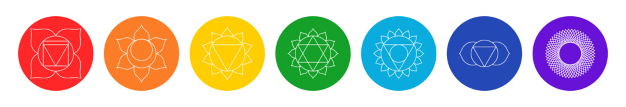 Chakra set, line art symbols. Meditation, spirituality, energy, healing vector illustration icon set on white background