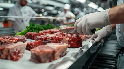 Workers use a cutter to cut a single eye steak, focusing on close-ups of hands and meat. Generative AI. - obrazy, fototapety, plakaty