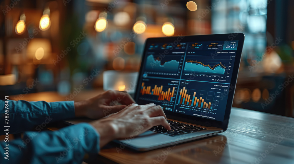 Poster close-up hand of businessman working on laptop showing ai business analysis dashboard with charts. g