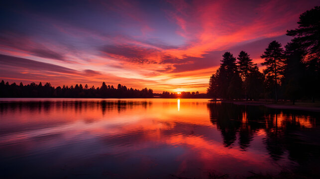 Stunning Sunset Over Peaceful Lake: A Mesmerizing Display of Natural Beauty in Compact 6x8 cm Dimensions