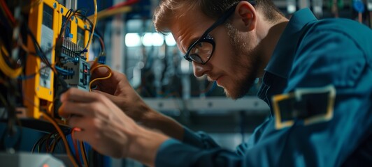 Technician working on electronic equipment. Close-up of a man in a blue shirt focusing on wiring and maintenance of a complex control panel. - obrazy, fototapety, plakaty