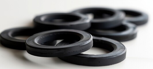 Automotive concept. A set of precision-made rubber gaskets arranged in a staggered fashion with a soft-focus background, typically used for mechanical and industrial purposes.