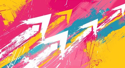 Dynamic abstract composition. Bold white arrows pointing in various directions on a splattered backdrop of pink, yellow, and blue.