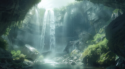 Many caverns, waterfalls, fantasy world setting. Generative AI. - obrazy, fototapety, plakaty