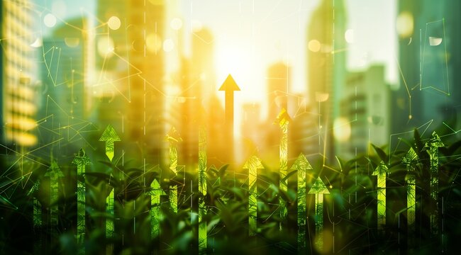 Economic growth concept. Digitally enhanced image of green plants with upward arrows, symbolizing growth, against a backdrop of an urban skyline with a glowing sunrise.