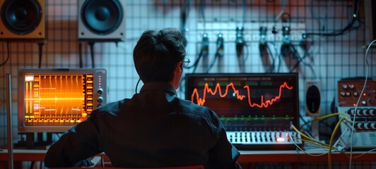 Audio engineer monitoring equipment in a sound studio. The concept showcases a person working with an oscilloscope among various audio devices, analyzing sound wave fluctuations.