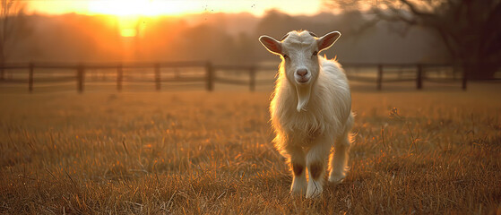 a goat that is standing in the grass at sunset - obrazy, fototapety, plakaty