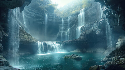 Many caverns, waterfalls, fantasy world setting. Generative AI. - obrazy, fototapety, plakaty