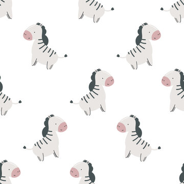 Seamless pattern with cute zebra. For for kids design, fabric, wrapping, cards, textile, wallpaper, apparel. Isolated vector cartoon illustration in flat style on white background.
