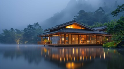 Fototapeta premium Traditional Japanese Ryokan Onsen by Misty Lake at Dusk
