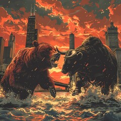 Highcontrast graphic of a bear and bull fighting, set against a city skyline, illustrating economic battles clean sharp focus - obrazy, fototapety, plakaty