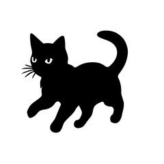 A black silhouette of a cute little kitten walking, simple SVG, white background