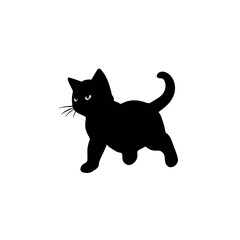 A black silhouette of a cute little kitten walking, simple SVG, white background