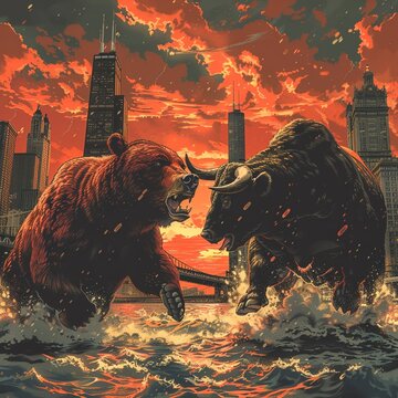 Highcontrast graphic of a bear and bull fighting, set against a city skyline, illustrating economic battles clean sharp focus