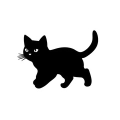 A black silhouette of a cute little kitten walking, simple SVG, white background