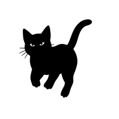 A black silhouette of a cute little kitten walking, simple SVG, white background