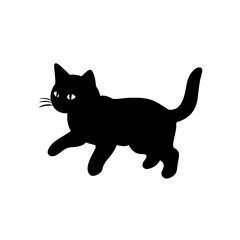 A black silhouette of a cute little kitten walking, simple SVG, white background