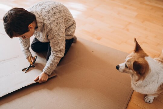boy cuts out cardboard with scissors, with a corgi dog nearby.