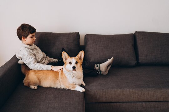 Teen boy and corgi dog watching film on tablet on sofa