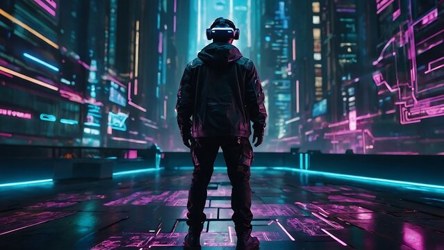AR Future City concept with a tech-inspired blue glow, featuring a Man amid digital effects and city lights.
