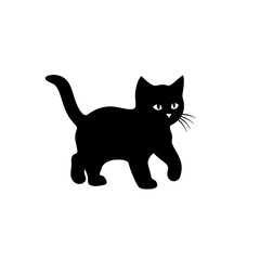 A black silhouette of a cute little kitten walking, simple SVG, white background