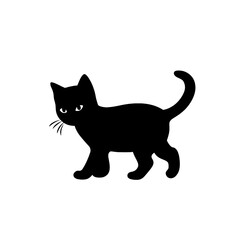 A black silhouette of a cute little kitten walking, simple SVG, white background