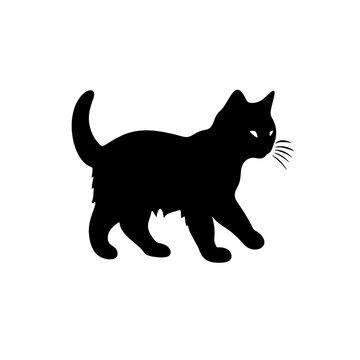 A black silhouette of a cute little kitten walking, simple SVG, white background