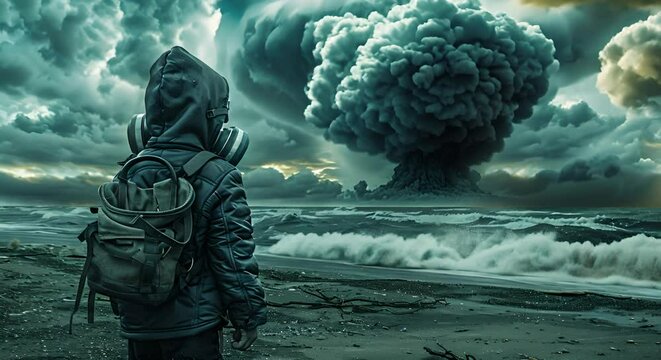 A mushroom cloud in the distance as a man looks onward toward it, representing a possible nuclear explosion, or the end of the world. 