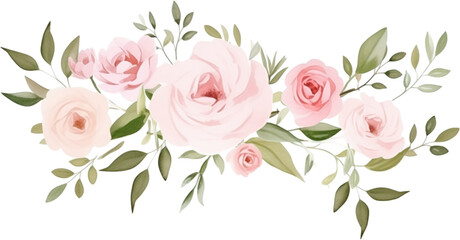 watercolor illustration pink, red, white Rose flower and green leaves. Florist bouquet, International Women's Day, Mother's Day, wedding flowers.