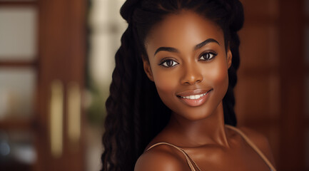 Une belle femme noire, heureuse et souriante, modèle de beauté. - obrazy, fototapety, plakaty