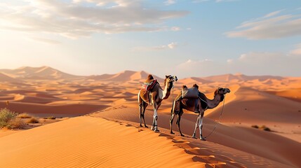 Couple of camels walking on a sandy beach against a backdrop of a sunset AI generated