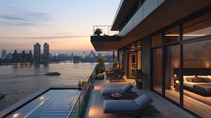 Luxury Riverfront Terrace with Cityscape View at Twilight - obrazy, fototapety, plakaty