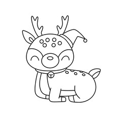A cute cartoon deer with antlers and a Santa hat. The deer is smiling and looking at the camera