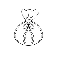 A bag with a bow on it. The bag is sitting on a white background