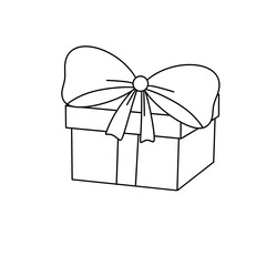 A white box with a bow on top. The box is empty and has a ribbon tied around it