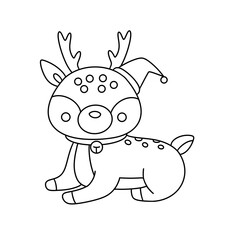 A cute cartoon deer with antlers and a Santa hat. The deer is wearing a bell around its neck