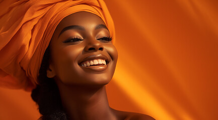 Une belle femme noire, heureuse et souriante portant un turban africain, arrière-plan orange, image avec espace pour texte.