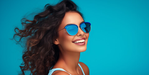 Une belle femme brune, heureuse et souriante portant des lunettes de soleil sous un beau ciel bleu d'été, image avec espace pour texte. - obrazy, fototapety, plakaty