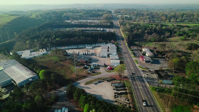 Static wide aerial of parking lot of semi trailers in South Atlana, Georgia. Hub logistics.