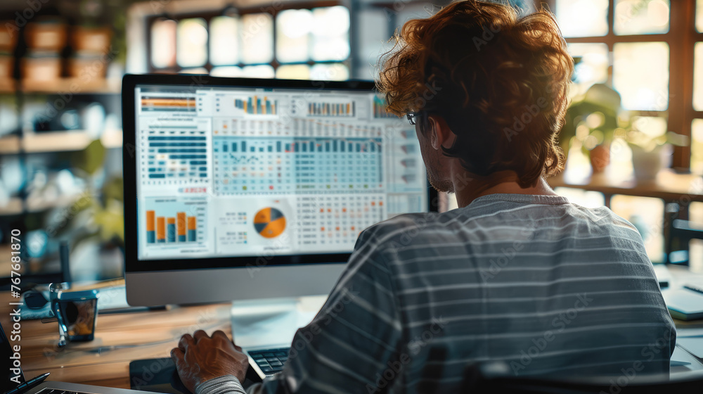 Poster Close-up of person reviewing a detailed budget spreadsheet on a computer screen. Generative AI.