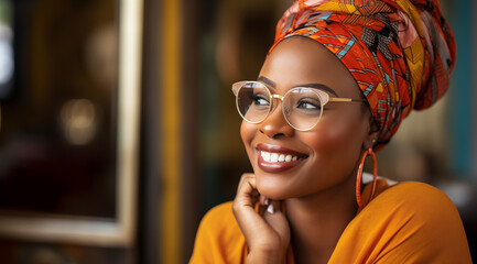 Une belle femme noire, heureuse et souriante portant un turban africain et des lunettes, image avec espace pour texte. - obrazy, fototapety, plakaty